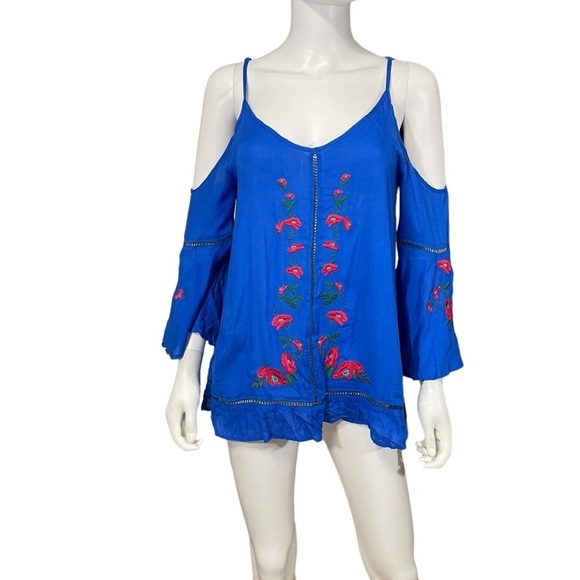 Umgee Blue Cold Shoulder Floral Embroidered Top - Picture 1 of 7